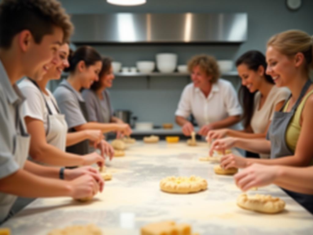 A group of people enjoying a hands-on baking class.