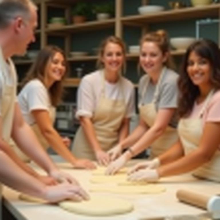 Students smiling and kneading dough during a baking class.