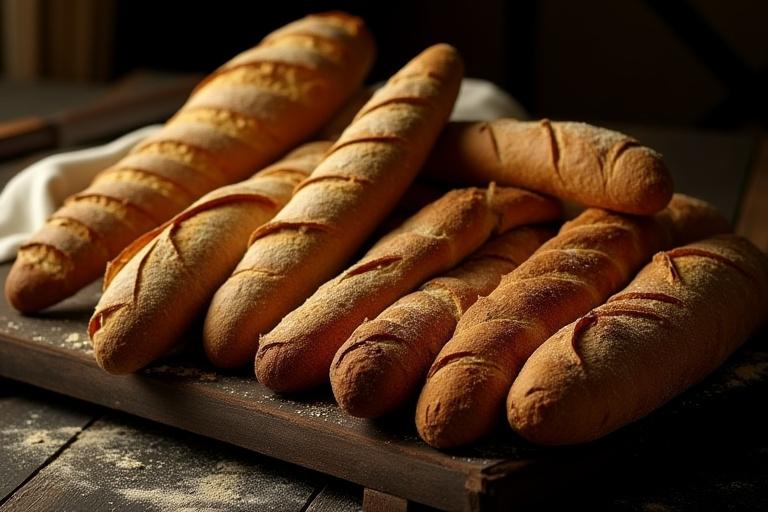 A collection of assorted artisanal breads on a dark wooden board.