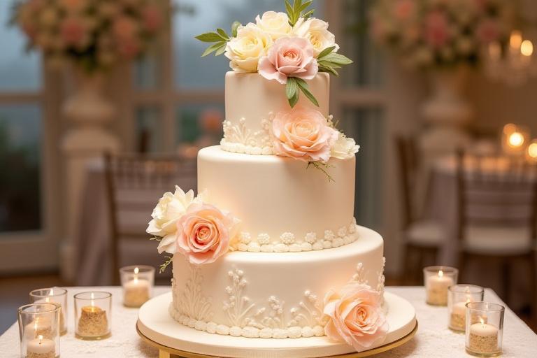 A beautiful three-tiered custom wedding cake adorned with fresh flowers.