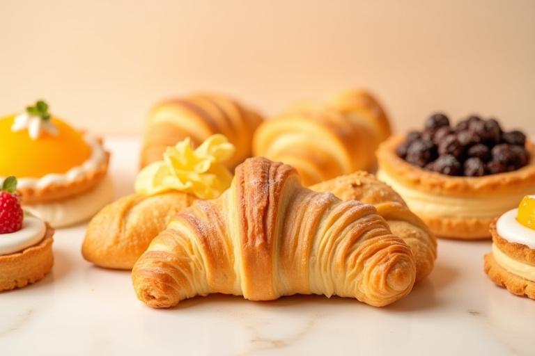 An assortment of delicate gourmet pastries and croissants on display.